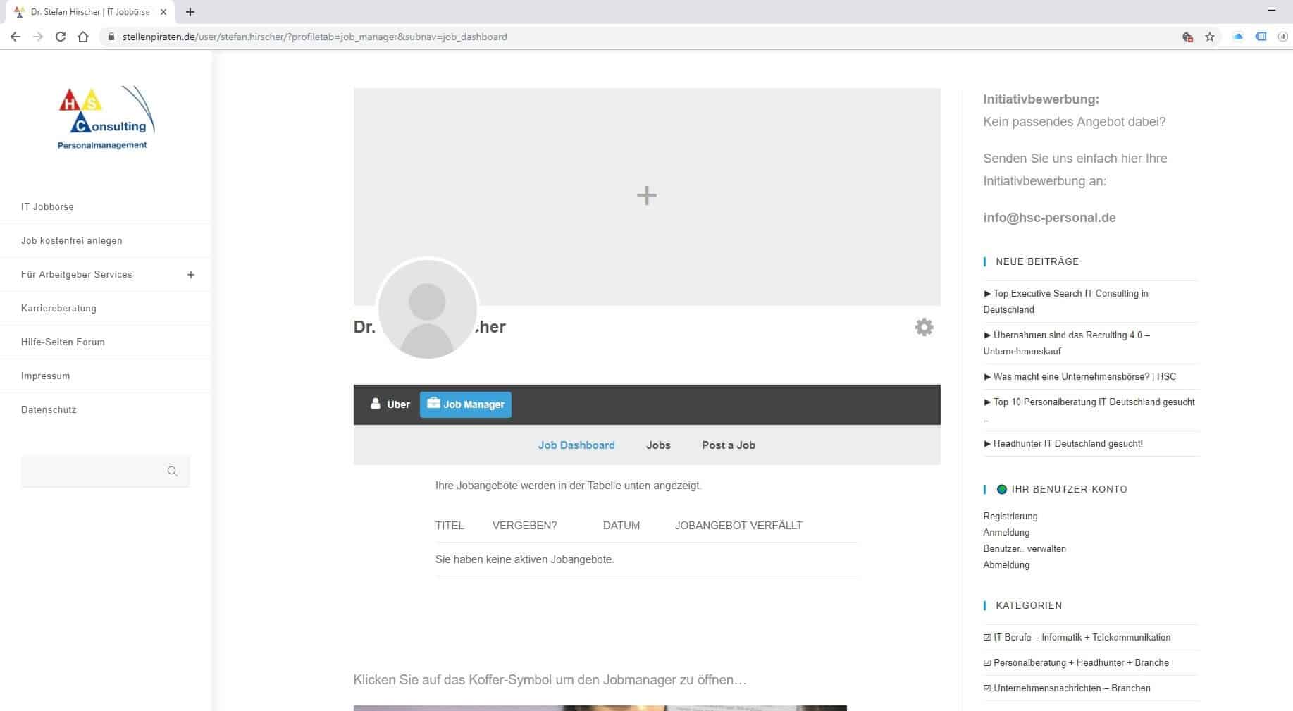 Jobbörse- hier können Sie Ihren Account als User verwalten und pflegen - neue Stellenazeigen Jobs einstellen